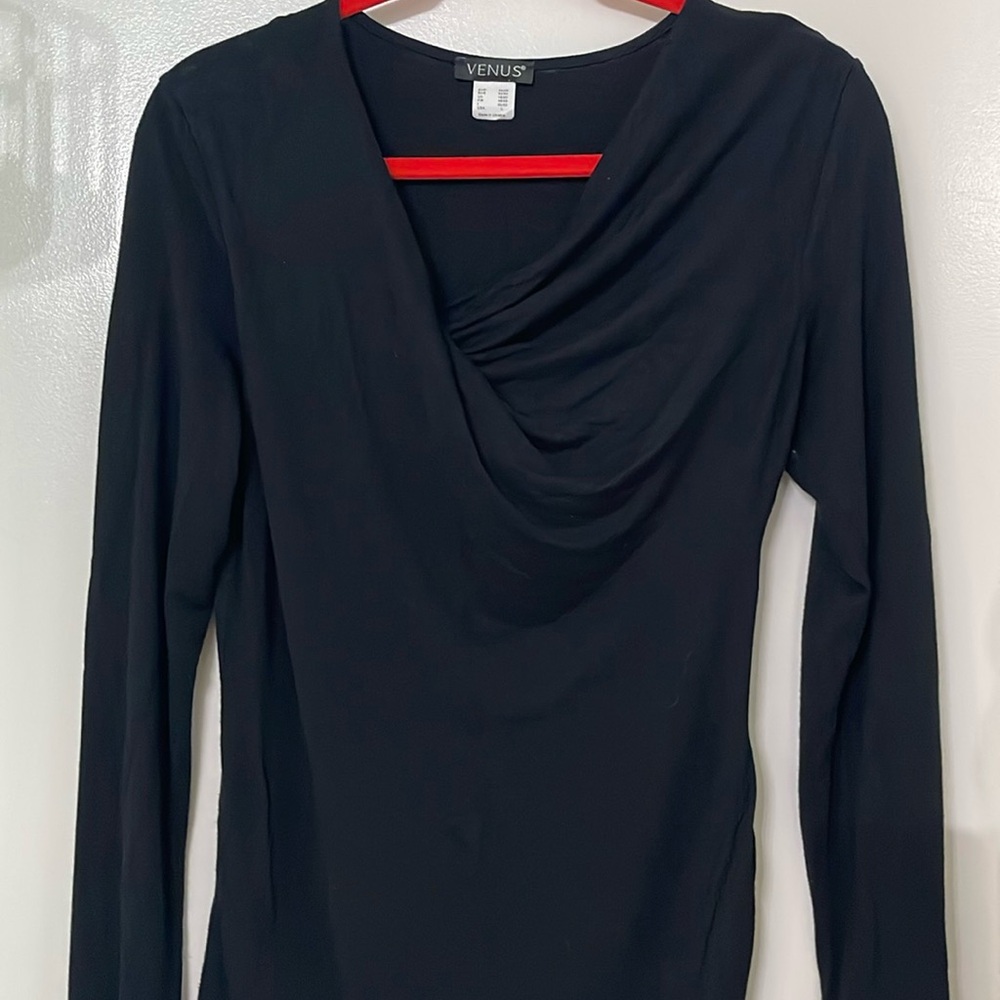 VENUS WRAP BODICE TOP WOMENS L BLACK STRETCH EXPOSED HEM BLOUSE LONG-SLEEVE